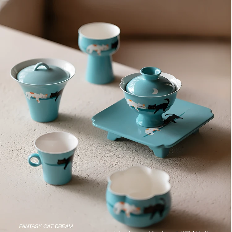 景德手绘忧郁狂想喵可爱盖碗 +壶乘+花口杯+手把杯+收纳包 五件套