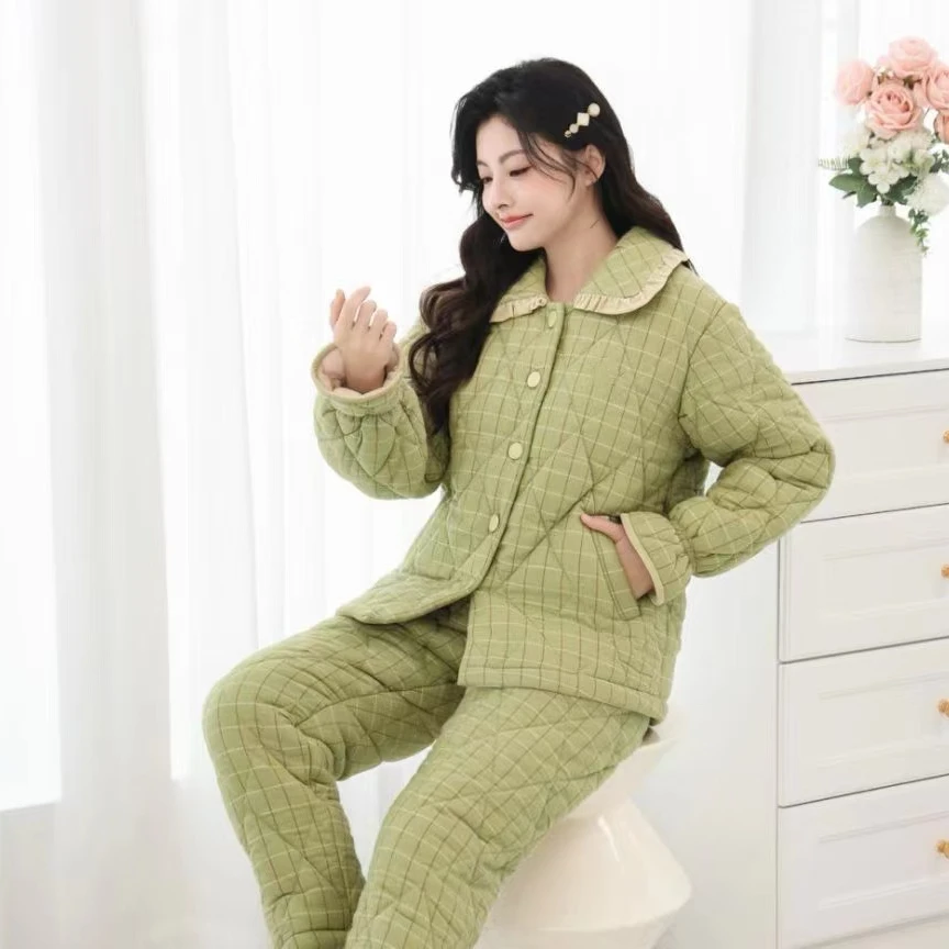 多姿睡衣女冬三层梭织加厚纯棉夹棉时尚保暖家居服（穿零下5度）