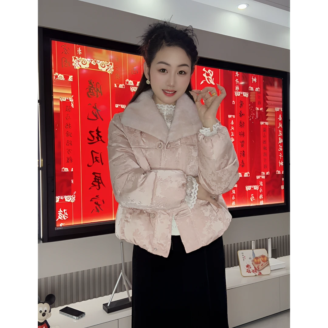 专柜品质高档翻领毛领拼接国风时尚保暖羊绒服新中式棉服上衣