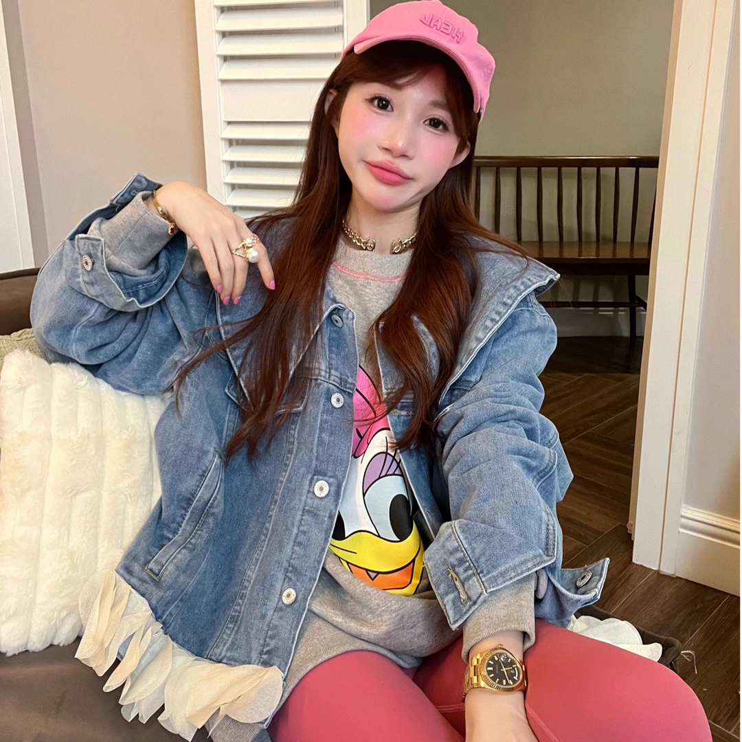 JENNIFERJXLIU早春～chic百搭浅蓝色大披肩领花瓣下摆宽松牛仔外套