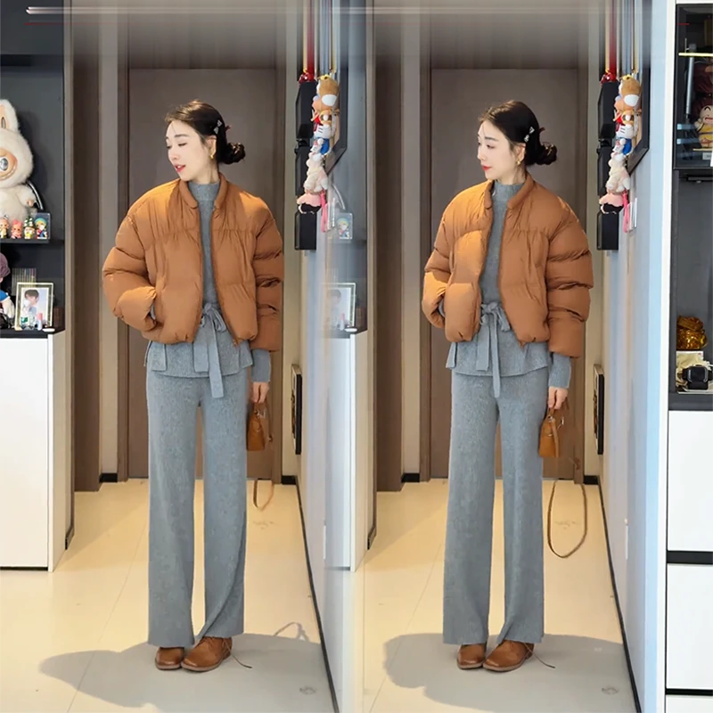 冬季2025新款韩系女装慵懒风修身保暖棉服外套显瘦气质时尚三件套