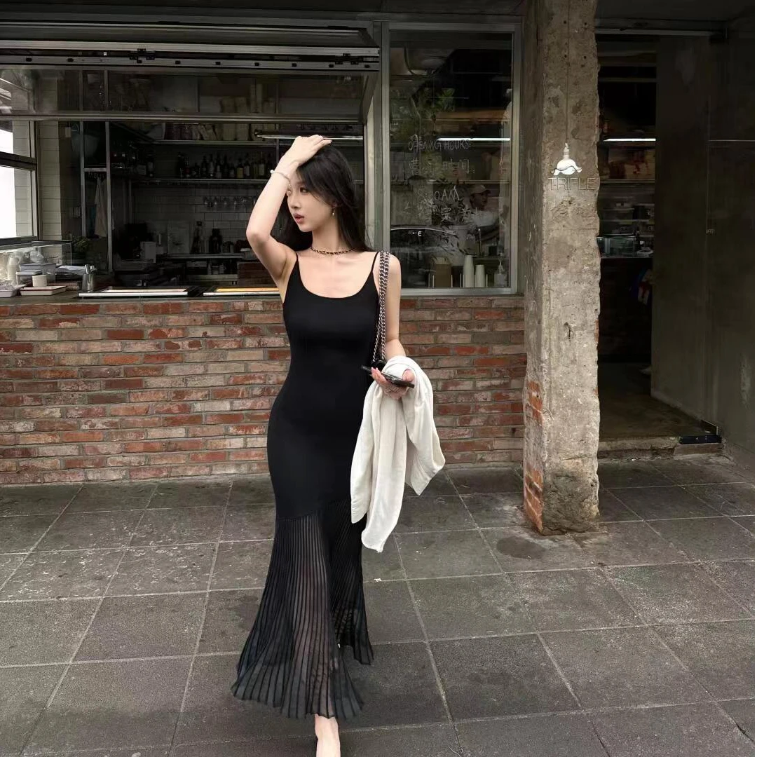 2025春季新款气质拼接收腰包臀修身鱼尾针织长裙性感吊带连衣裙女