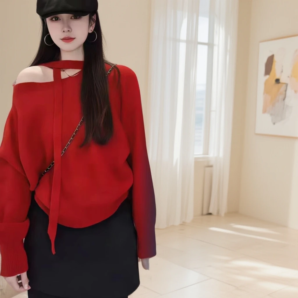 2025冬季新款套装【送腰带】加绒屁帘裙裤微喇裤1831斜肩上衣0831*