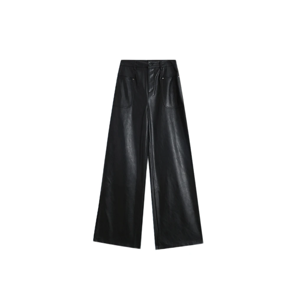 邓蕾婷【黑皮裤】高腰时尚休闲复古百搭直筒显瘦皮裤