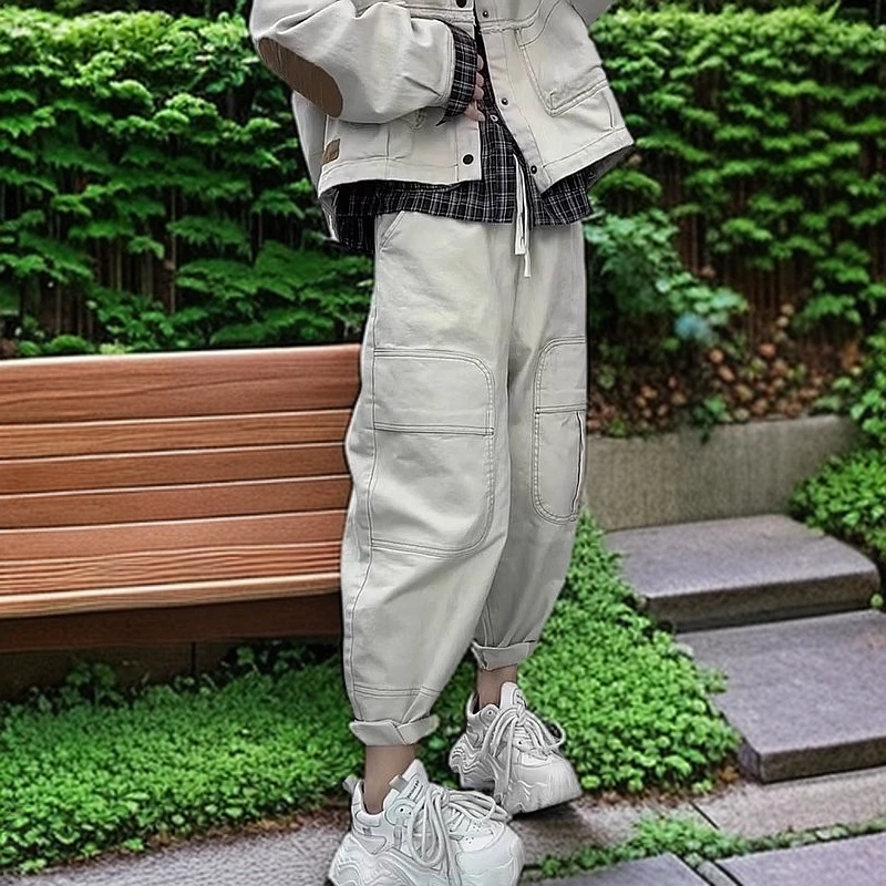 夏季新款高腰显瘦大码时尚女装胖MM宽松洋气阔腿抽绳工装牛仔裤女