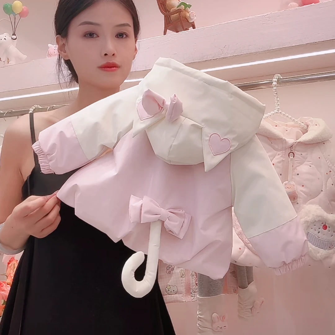 N1933 冬季新款女童卡通可爱风女宝加绒加厚小猫咪连帽外套
