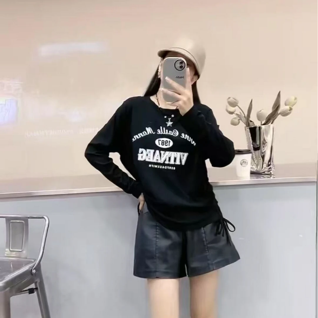 D695美式小众设计感双侧抽绳百搭洋气显瘦上衣T恤