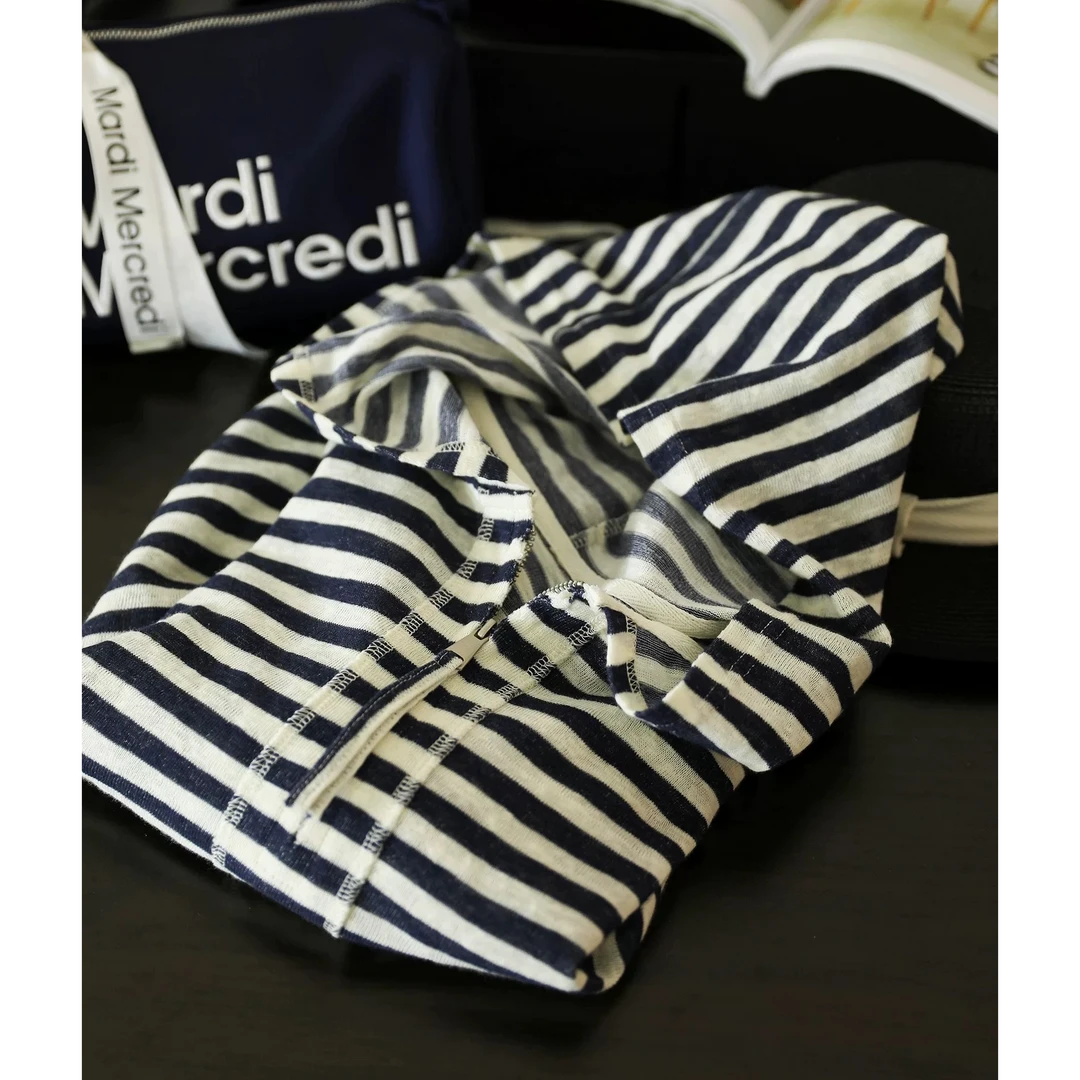 初奢自制】棉质连帽抽绳条纹长袖T恤美式风休闲宽松套头上衣女