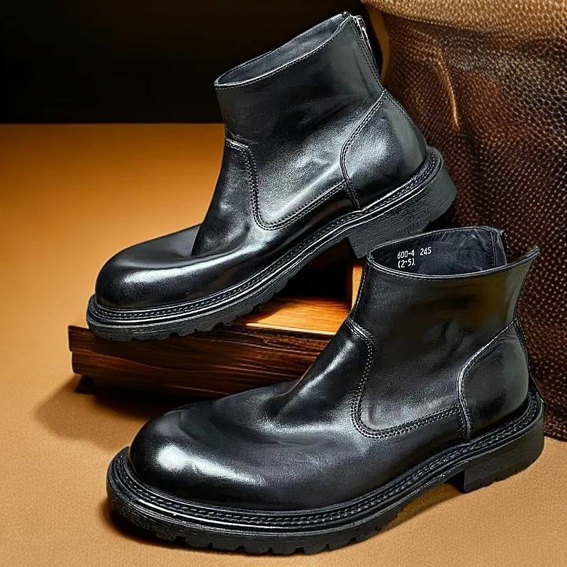 小白新款切尔西男靴男款时尚百搭复古高帮圆头秋冬英伦风黑色冬季