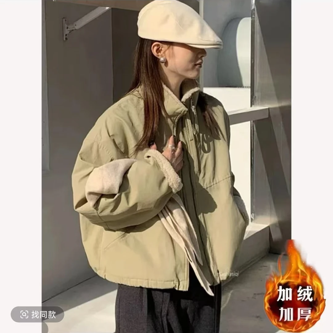 2025仿羊羔毛短款双链接派克服女小个子韩版休闲宽松棉服外套