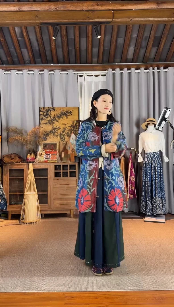 设计师款蓝绿汉麻拼接半裙