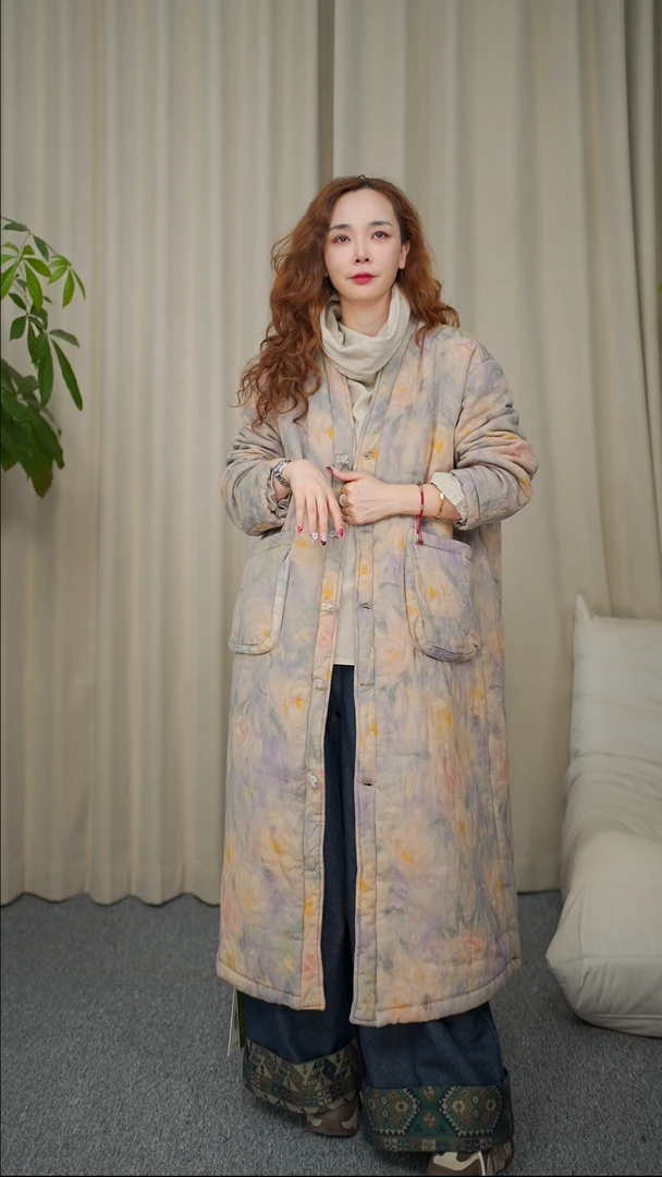 花璟与麻原创设计款单排扣大口袋夹棉棉衣（衣长113胸围130)