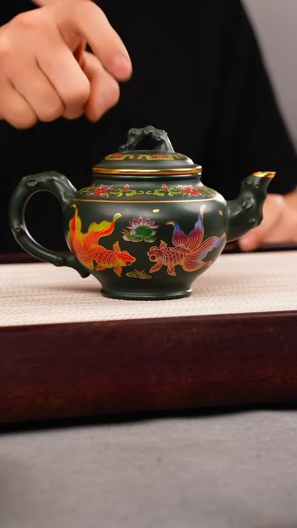 茶杯紫砂绿泥 报春 锦鲤珐琅彩