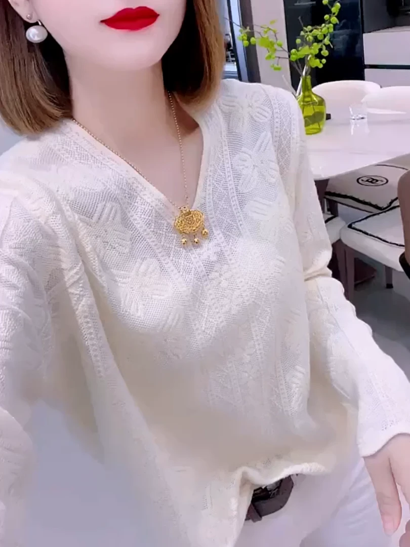 欧货V领提花植绒长袖针织衫女2025秋季新款修身显瘦百搭上衣潮