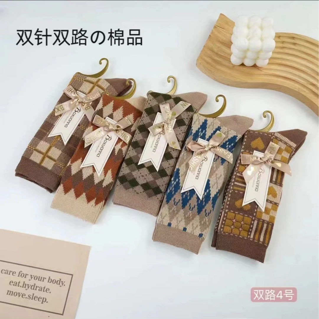 【甜甜家】袜子：秋冬款双针双路复古民族风袜子棉袜--5双装