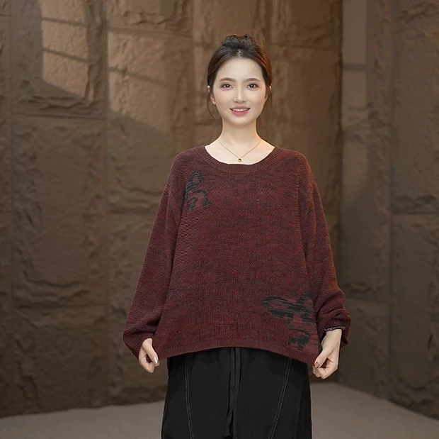 秋季时尚宽松针织衫套头毛针织衫女长袖提花针织圆领