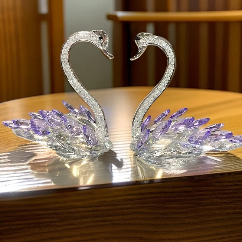 水晶天鹅一对紫天鹅等高电视柜酒柜家居装饰品摆件轻奢花器摆件