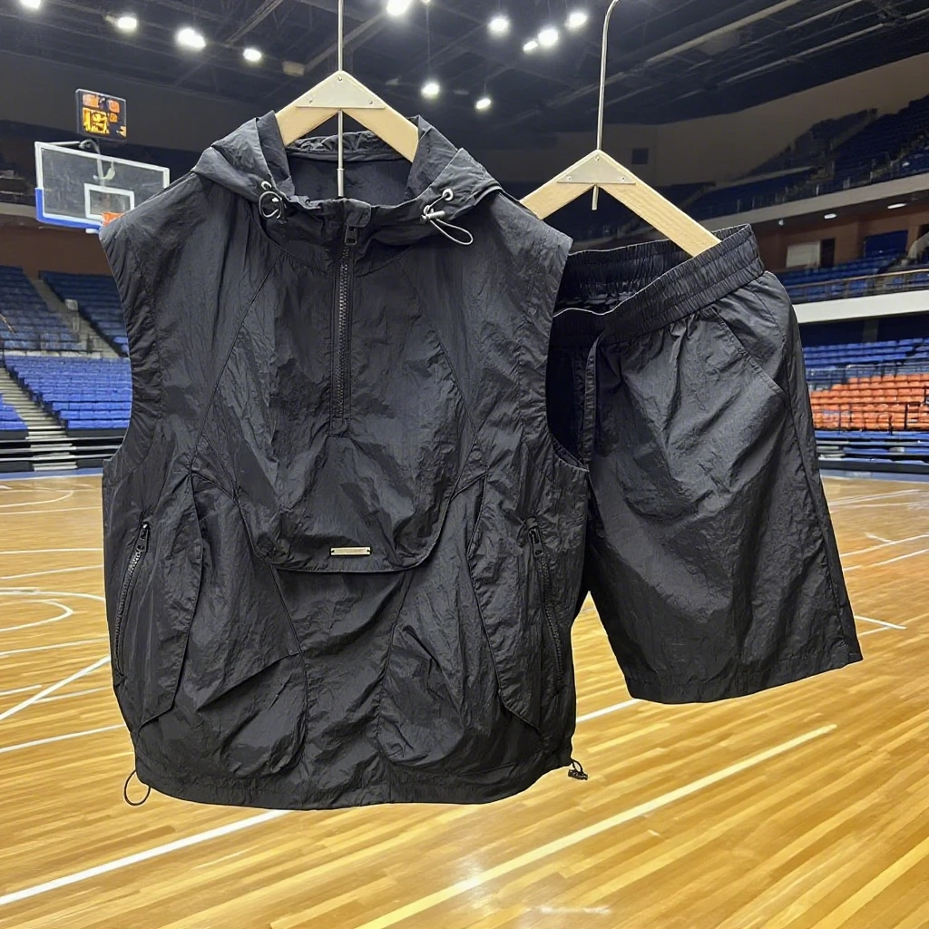 维多利亚高级感工装风运动套装男士夏季潮流休闲连帽坎肩T恤短裤