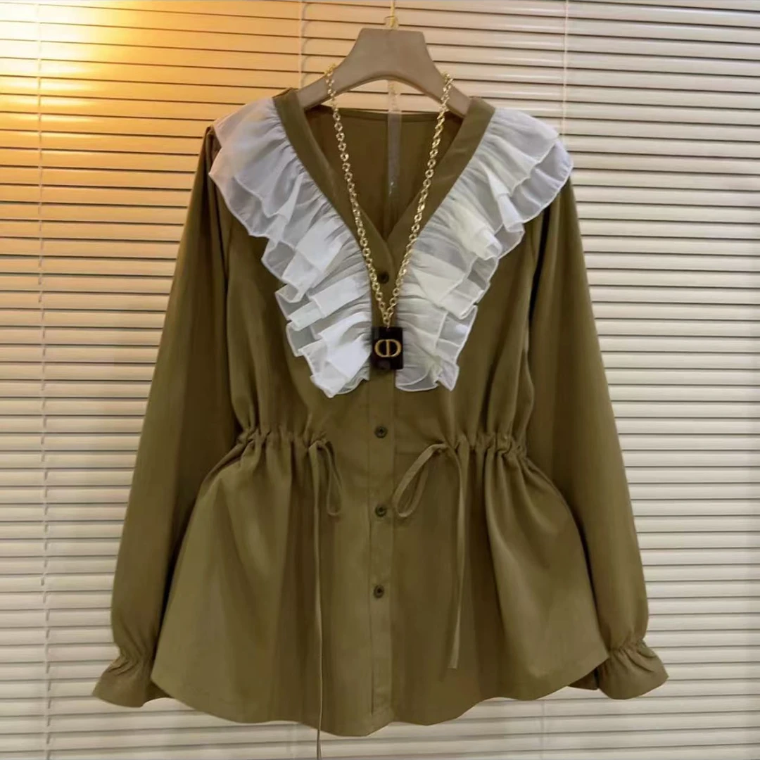 春季新款大码女装欧货时尚洋气减龄木耳边抽绳显瘦甜美潮流气质衫