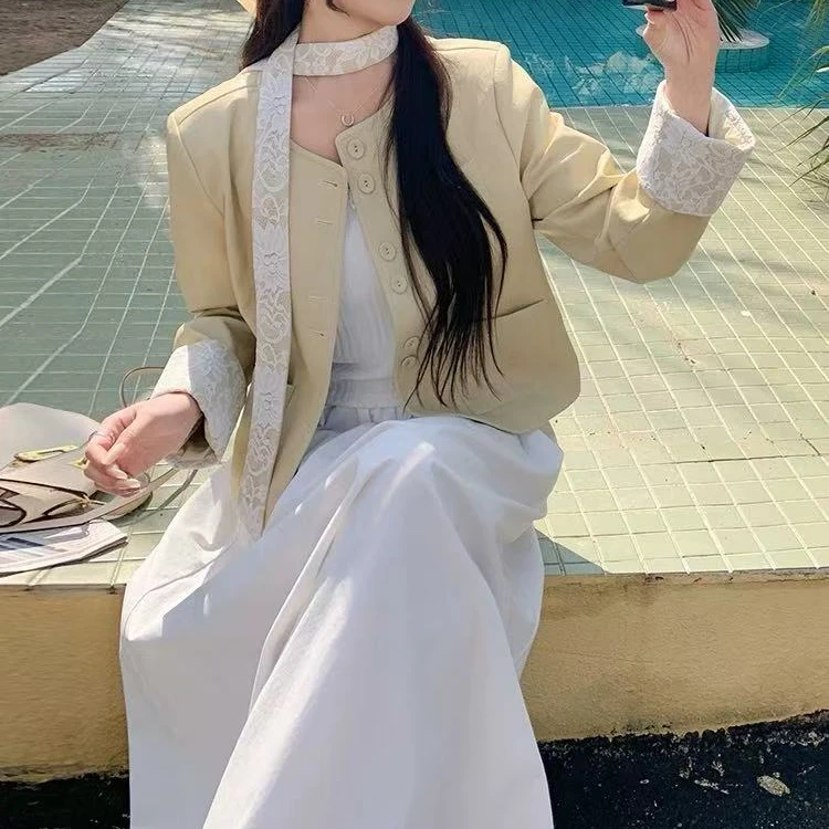 2025春季新款蕾丝飘带圆领蛋白皮夹克外套
