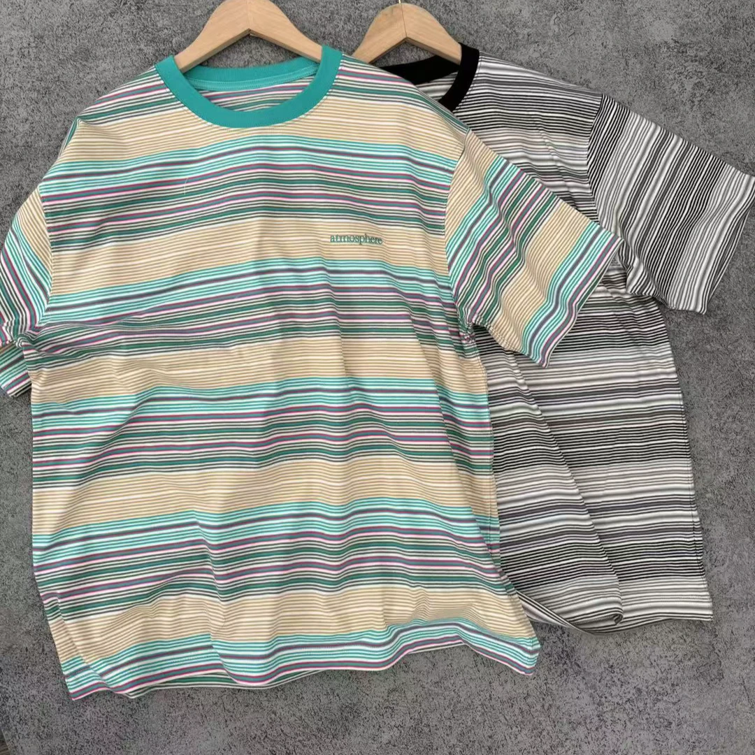 条纹百搭半袖圆领休闲T恤撞色短袖不对称常规袖套装夏款