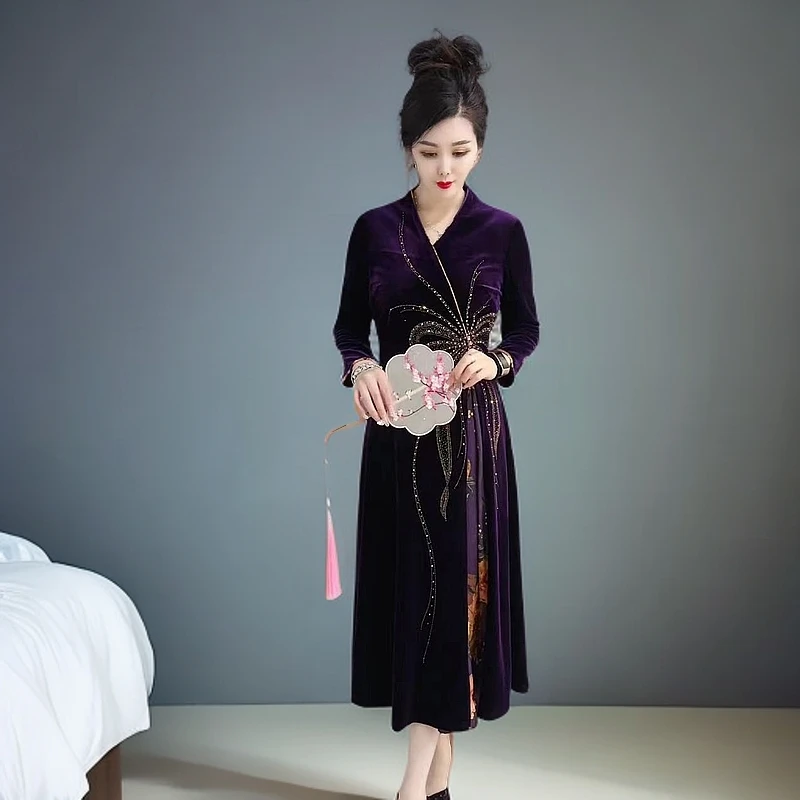 238215设计师高档复古时尚气质收腰中老年妈妈装轻奢连衣裙