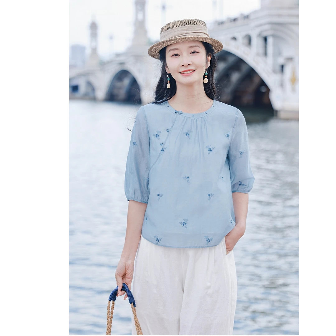 红念蓝色天丝刺绣衬衫女短袖宽松休闲夏季2025年新款女装气质上衣