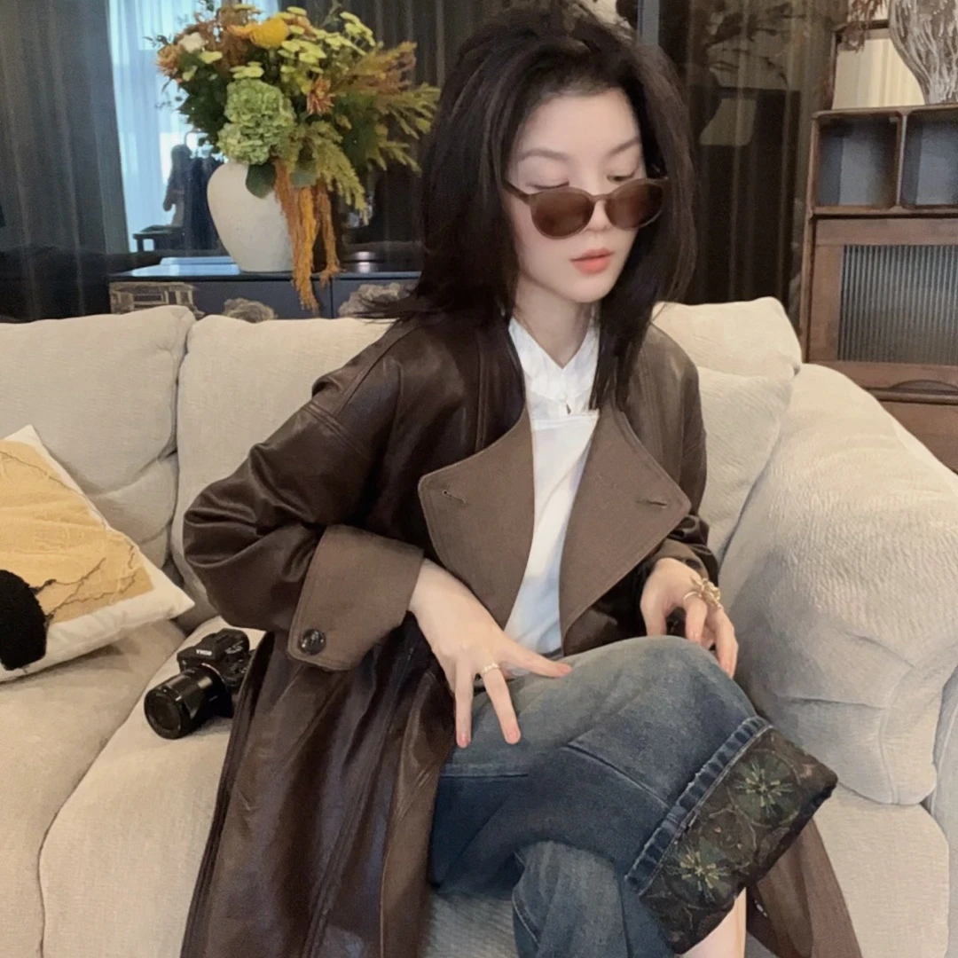 【悦悦专属】美式甜酷风收腰系带显瘦中长款皮衣Y969