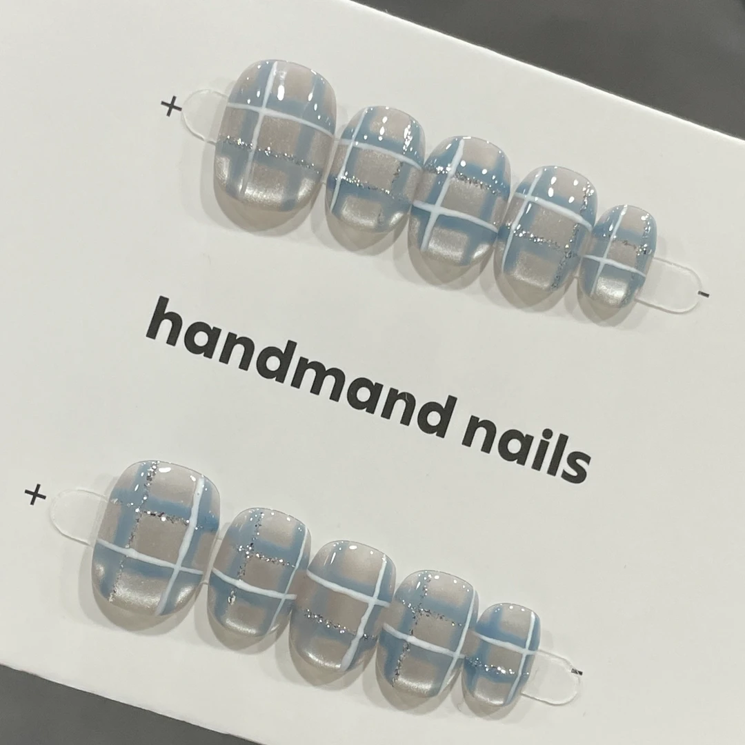 【雨后】纯手工穿戴甲ins风小众猫眼格纹灰蓝手绘气质短款穿戴甲