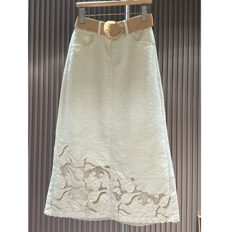 2025轻奢提花蕾丝拼接半松紧腰镂空半身裙时尚显瘦高级感长裙子