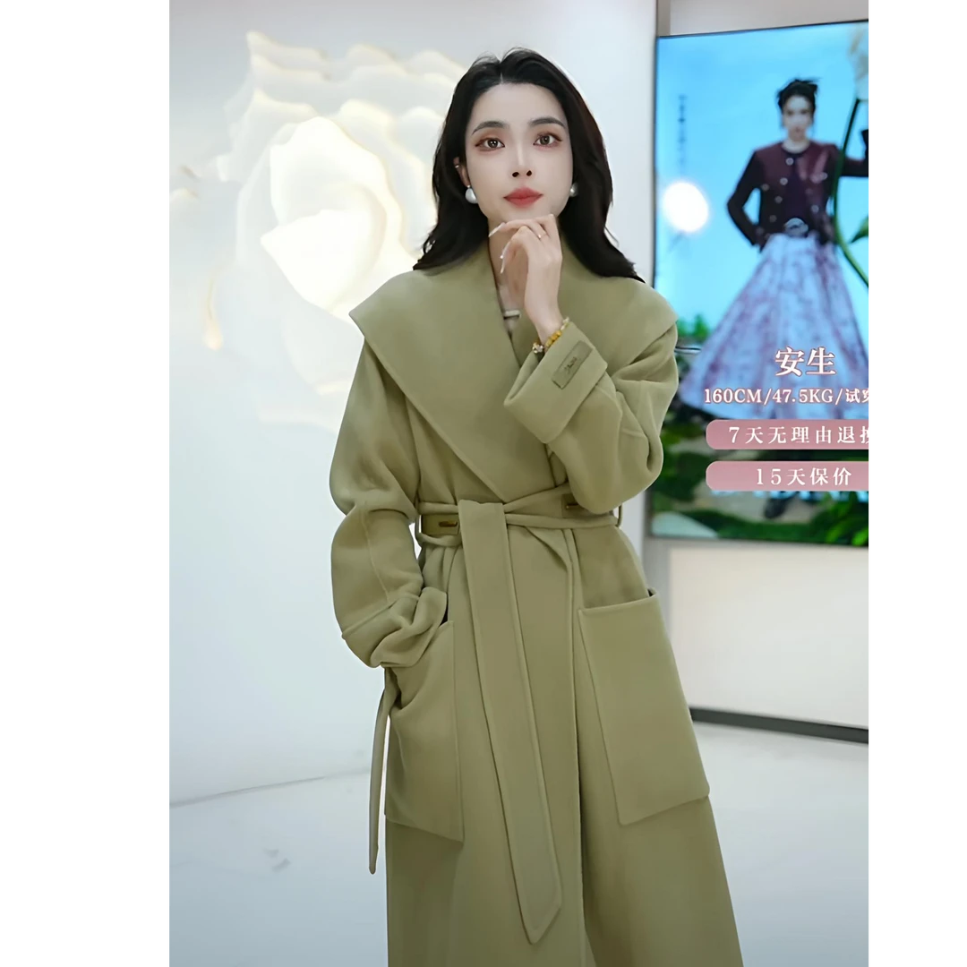 芭蒂娜豆沙绿全羊毛双面呢大衣女冬季气质毛呢外套134A045