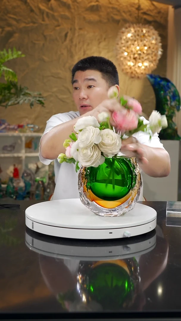 手工艺品琉璃琥珀绿水波纹花瓶小号
