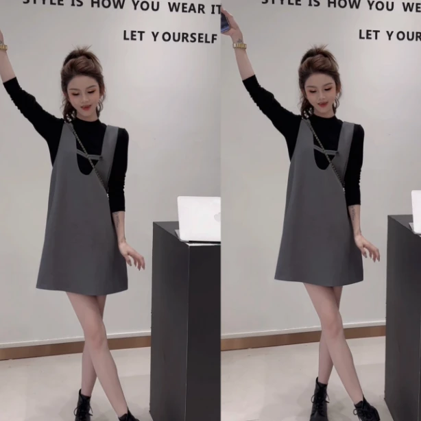 温柔甜美休闲套装长袖打底衫背心连衣裙