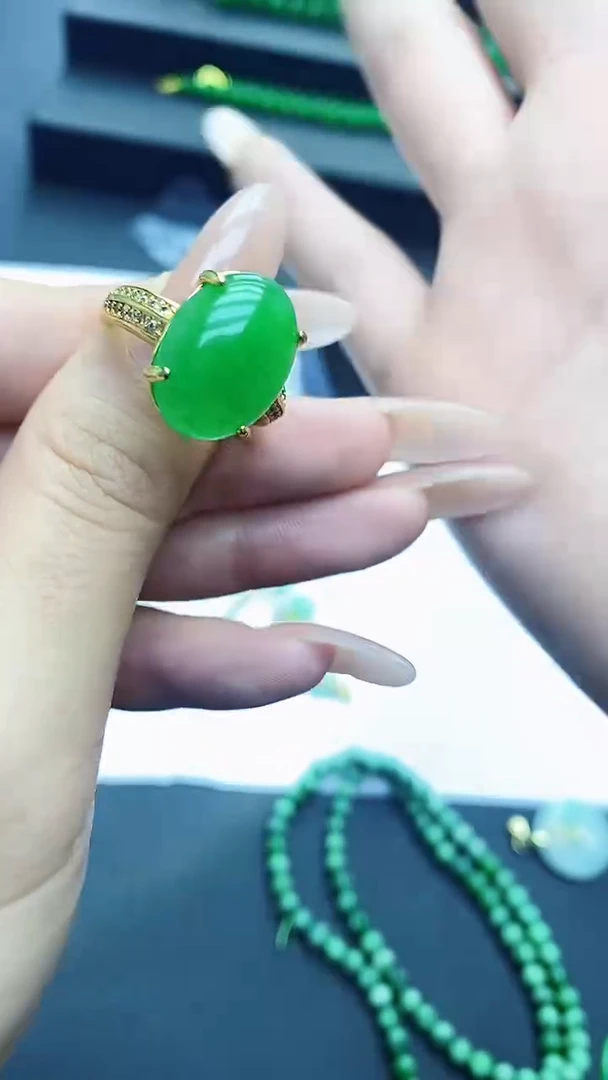 未镶嵌戒指翡翠翡翠满绿蛋面戒指H397