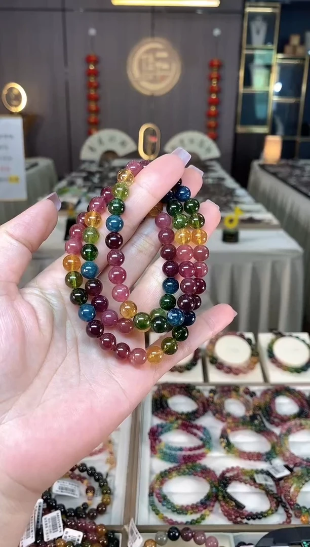 未镶嵌冰透体老矿碧玺彩虹三圈手串7mm+碧玺hon多样性发一条