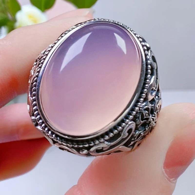 S925银镶嵌天然玛瑙玉髓紫色复古风重工大蛋面银戒可调节