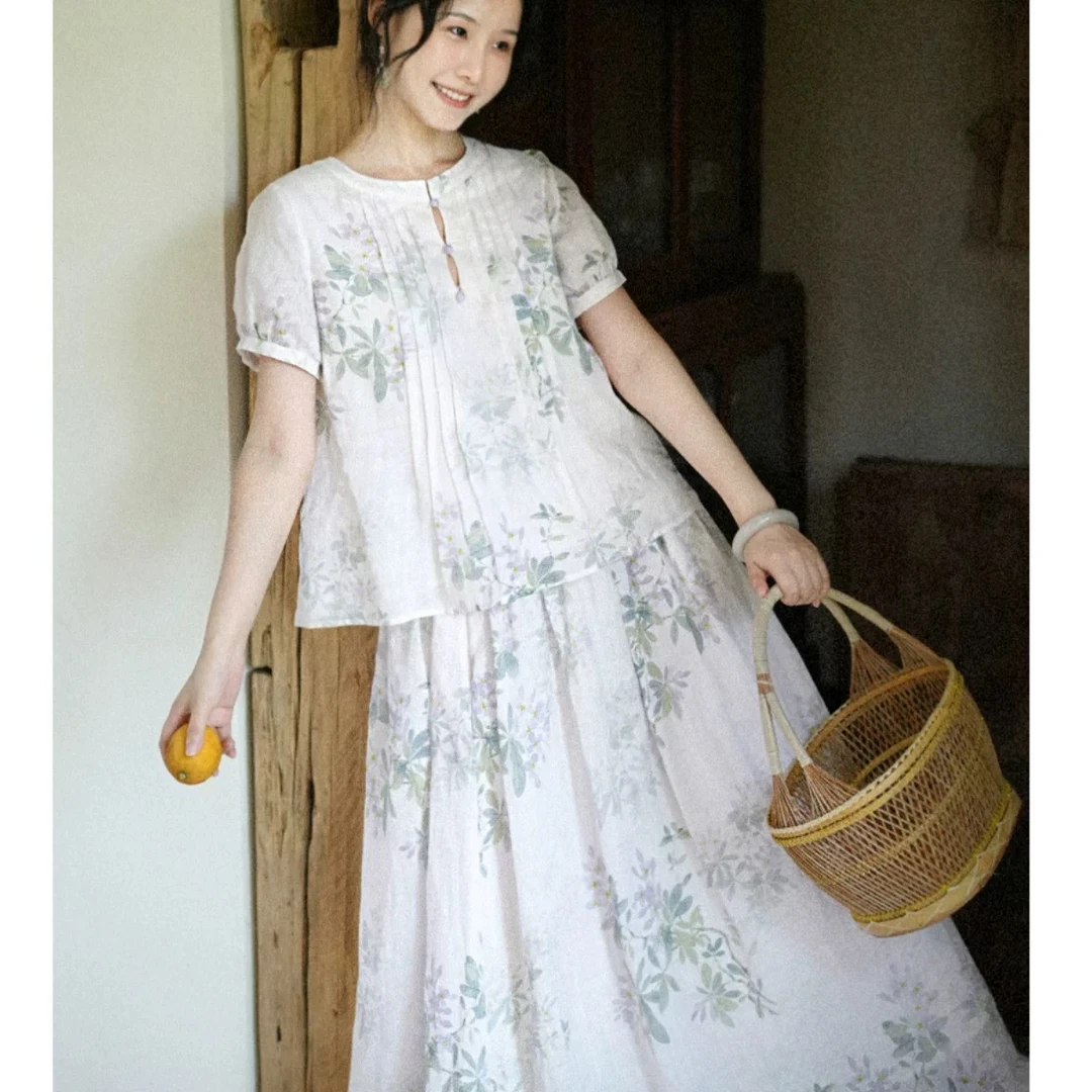 山中有桂枝夏时42支100%苎麻清新浅紫色上衣＋松紧腰半身裙夏