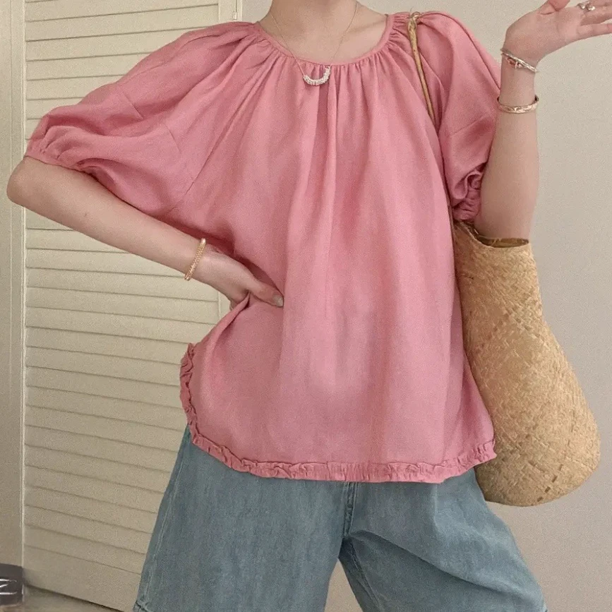 温柔风INS风纯色慵懒冰感小清新不闷热上衣2025夏季新款时尚短袖