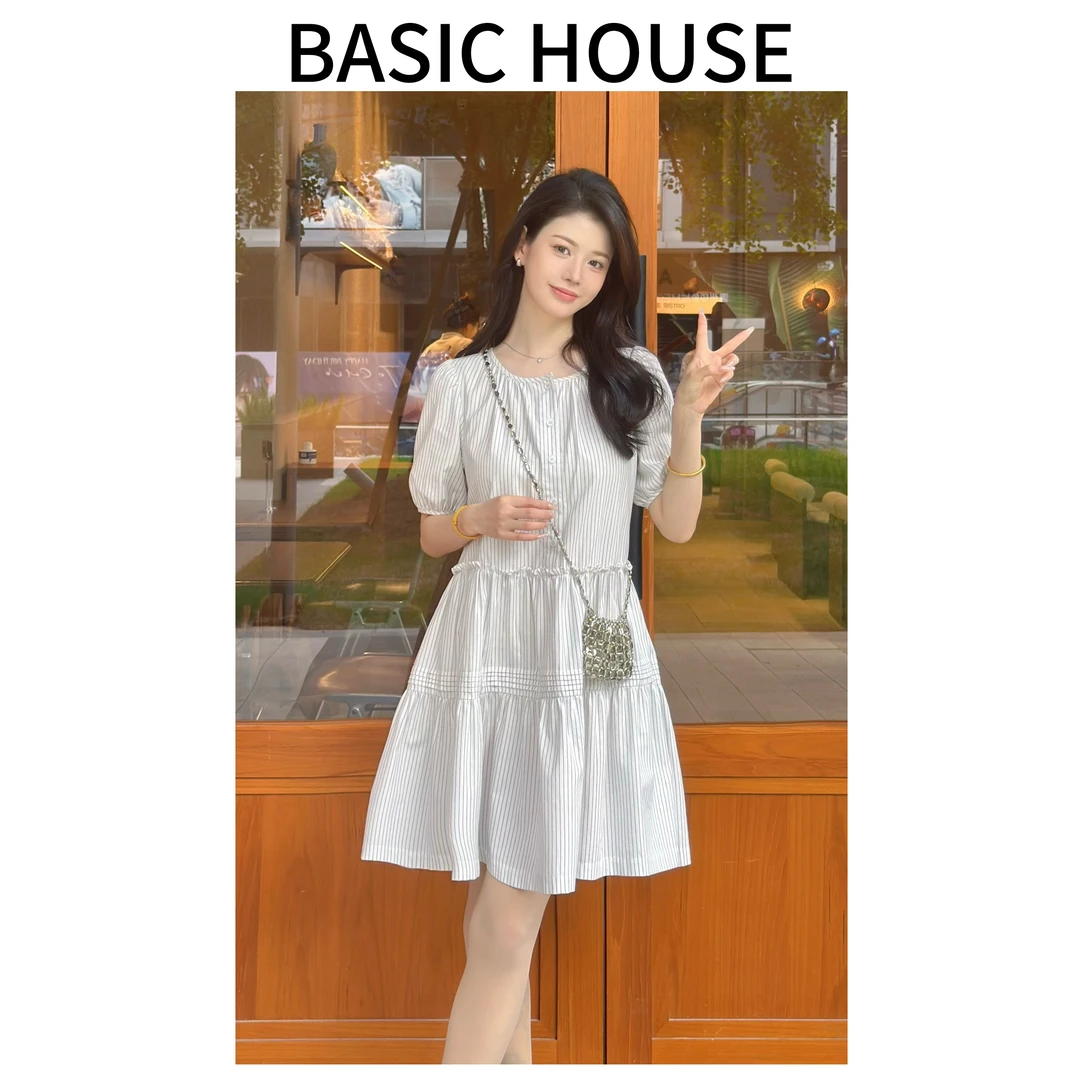 Basic House/百家好夏季新款减龄显瘦条纹透气百搭打褶连衣裙子YZ