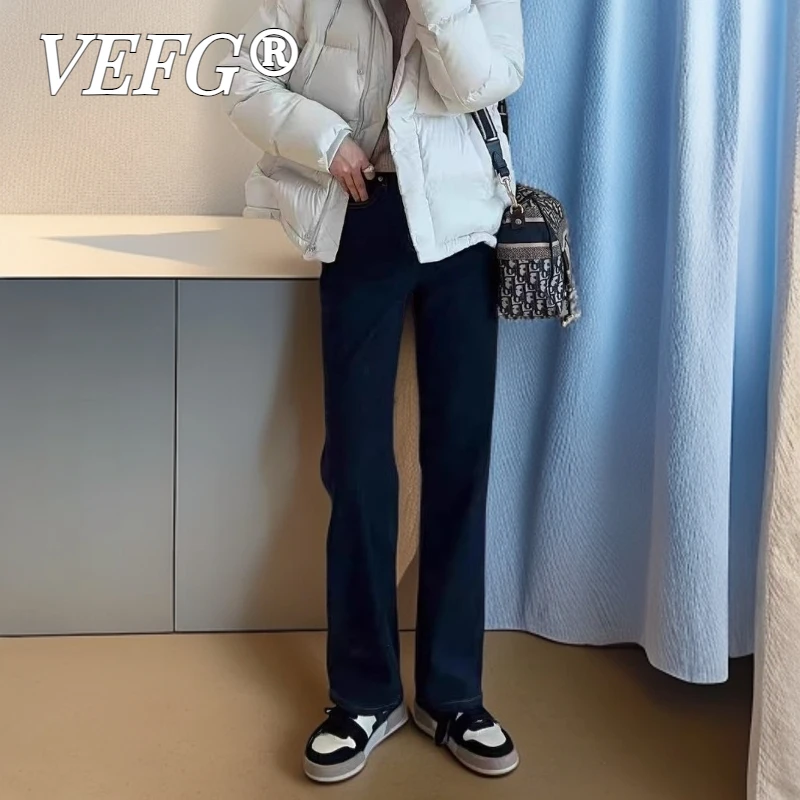 VEFG深靛色窄版显瘦高腰微喇牛仔裤女2025年新款秋季适合小个子裤