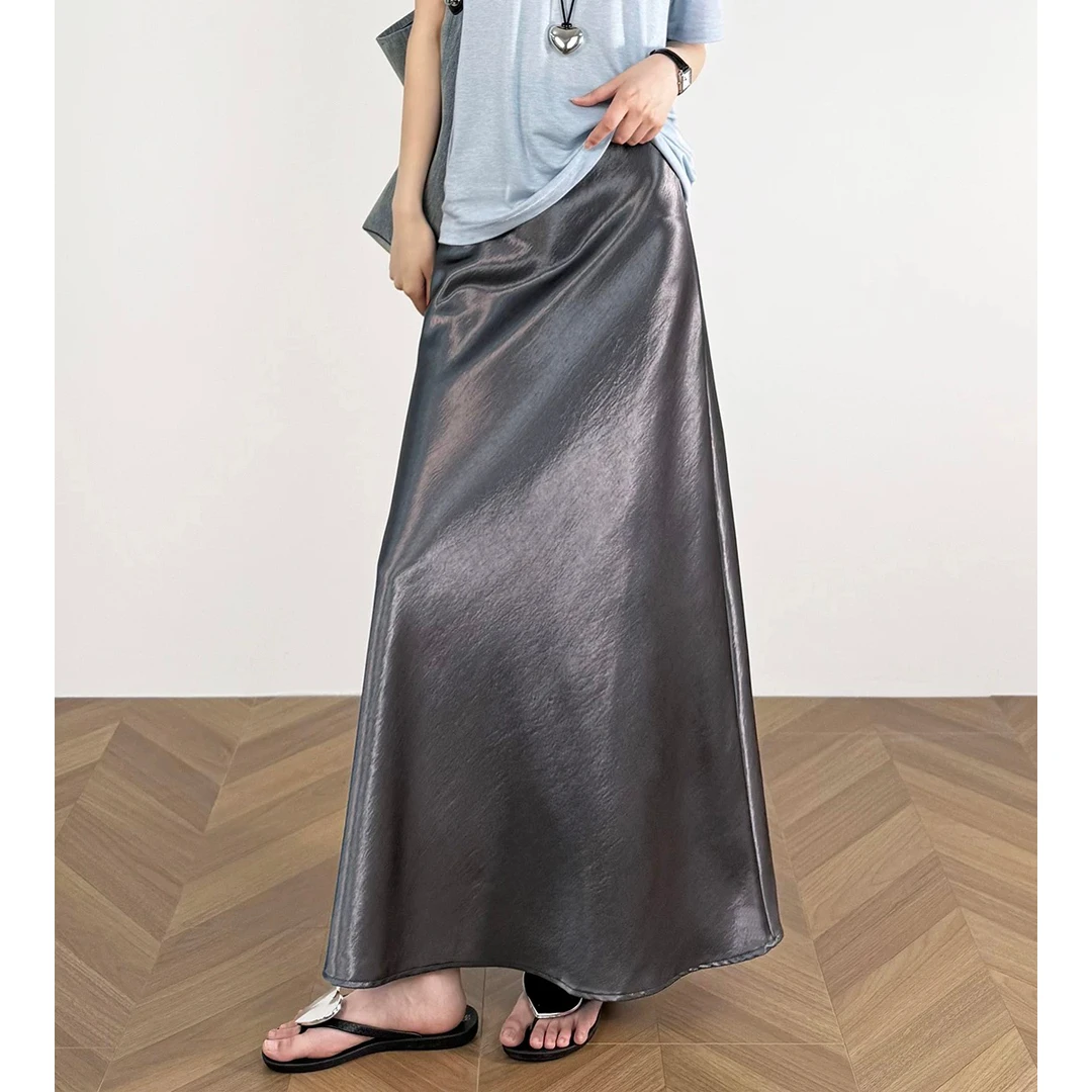 TUBREIT/图百年灰色醋酸缎面半身裙新款高腰显瘦垂感半裙中长裙