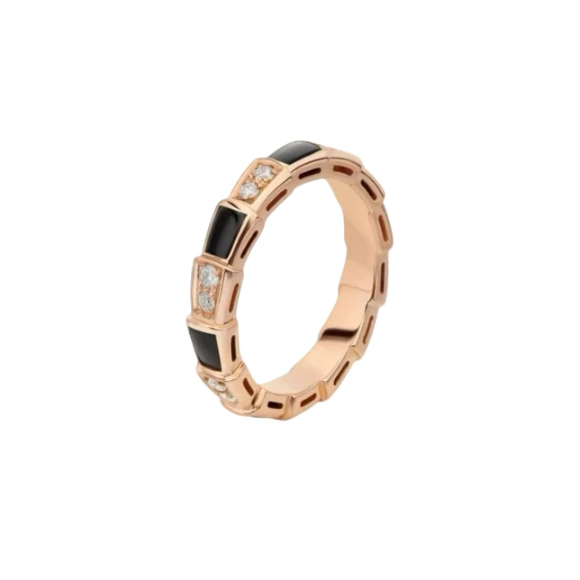 99新 BVLGARI/宝格丽 18k玫瑰 金 黑陶瓷窄版蛇骨间镶钻戒 指52号