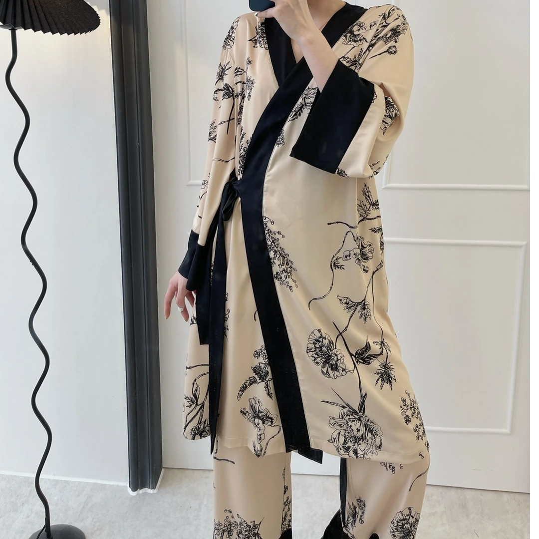 吉伦略索秋季女款睡衣套装新中式冰丝睡袍系带气质晨袍浴袍家居服