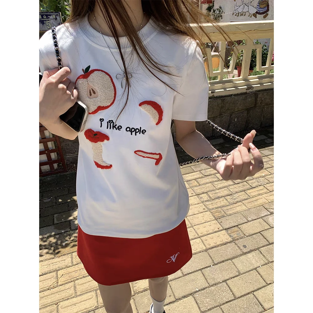 美式复古苹果毛巾绣正肩T恤2025春夏季新款小众设计减龄短袖女ins
