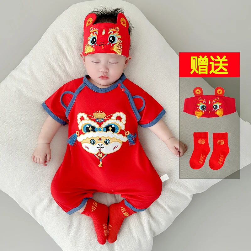 [送帽袜]蛇年满月宝宝衣服红色夏季薄款新生儿百天连体衣婴儿百岁