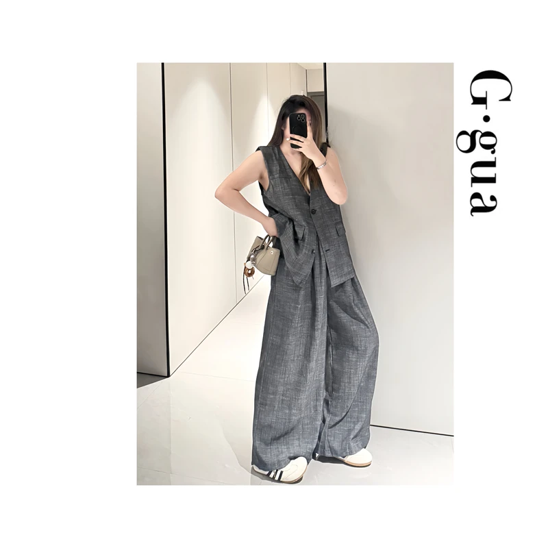 【张_Ggua】大码高级感休闲老钱风套装女夏马甲高腰阔腿裤两件套