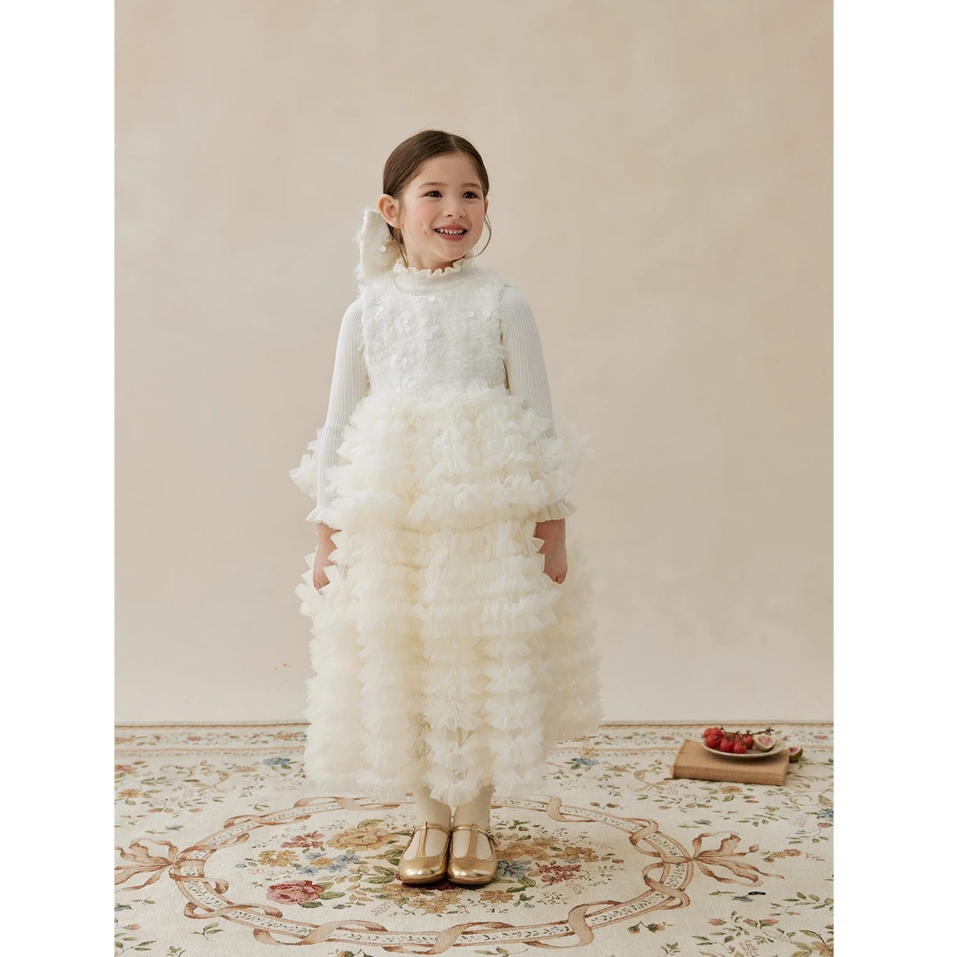 女童2025秋冬季羽毛重工亮片蛋糕礼服裙高级感蓬蓬网纱生日公主裙