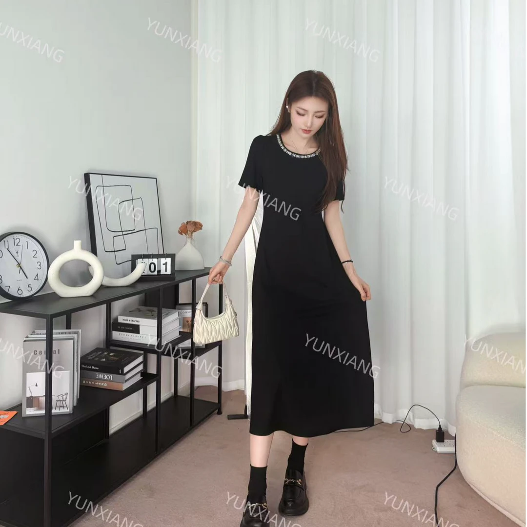 2025夏季高级感赫本风珍珠黑色短袖长款连衣裙小个子法式连衣裙
