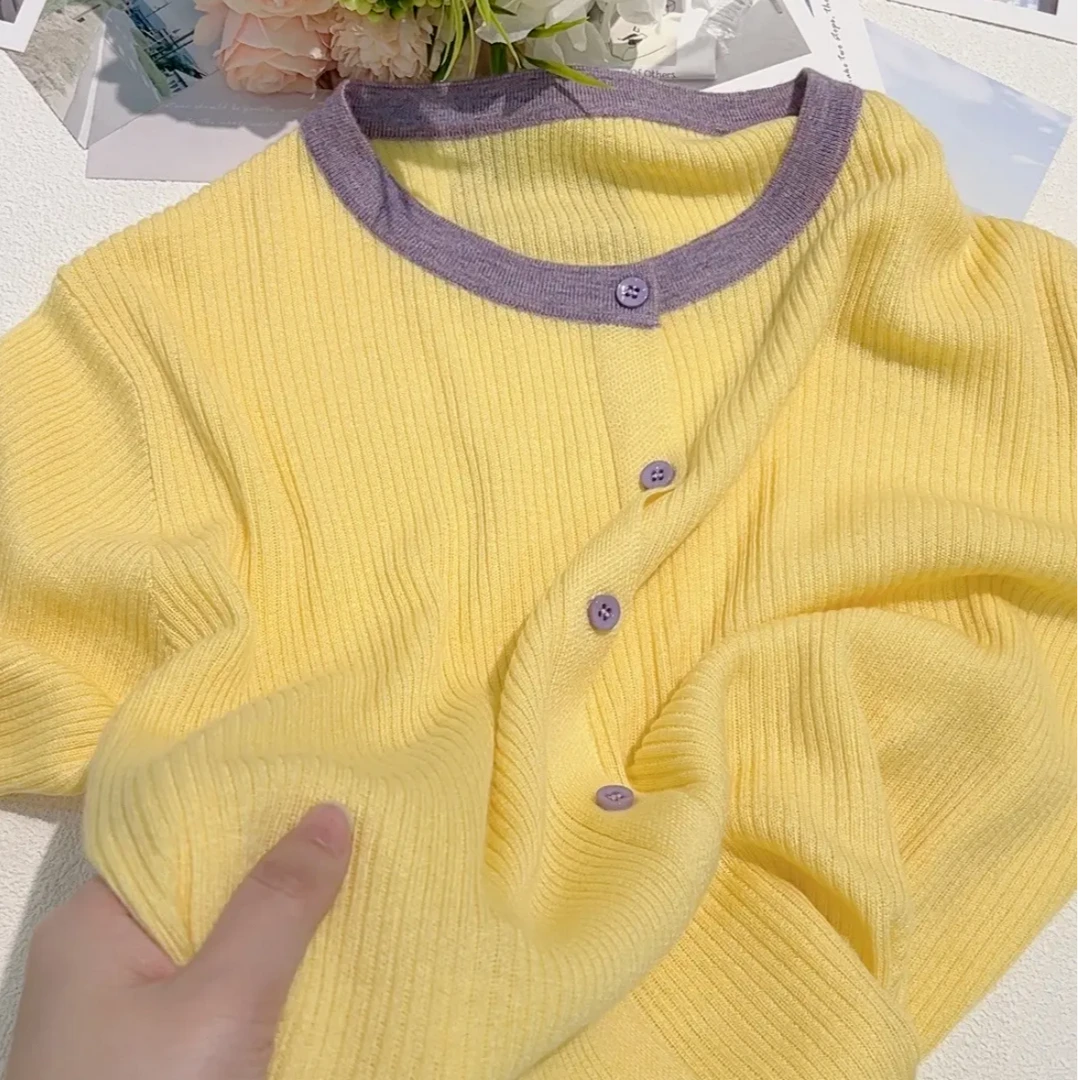 打底羊毛春季新款圆领撞色开衫宽松显瘦薄款时尚百搭洋气针织开衫