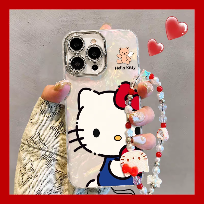 KT猫手链适用苹果15promax华为oppo小米iPhone16精孔贝壳纹手机壳